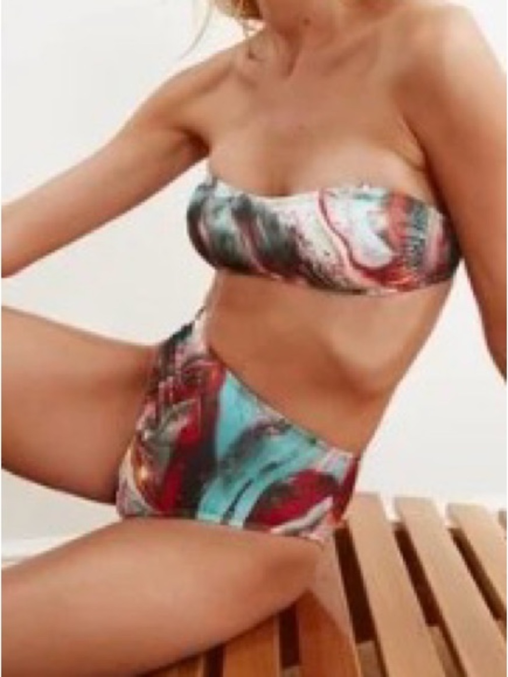 Trendyol Marble-Print High-Waist Bikini Set- Teal, Red, Black